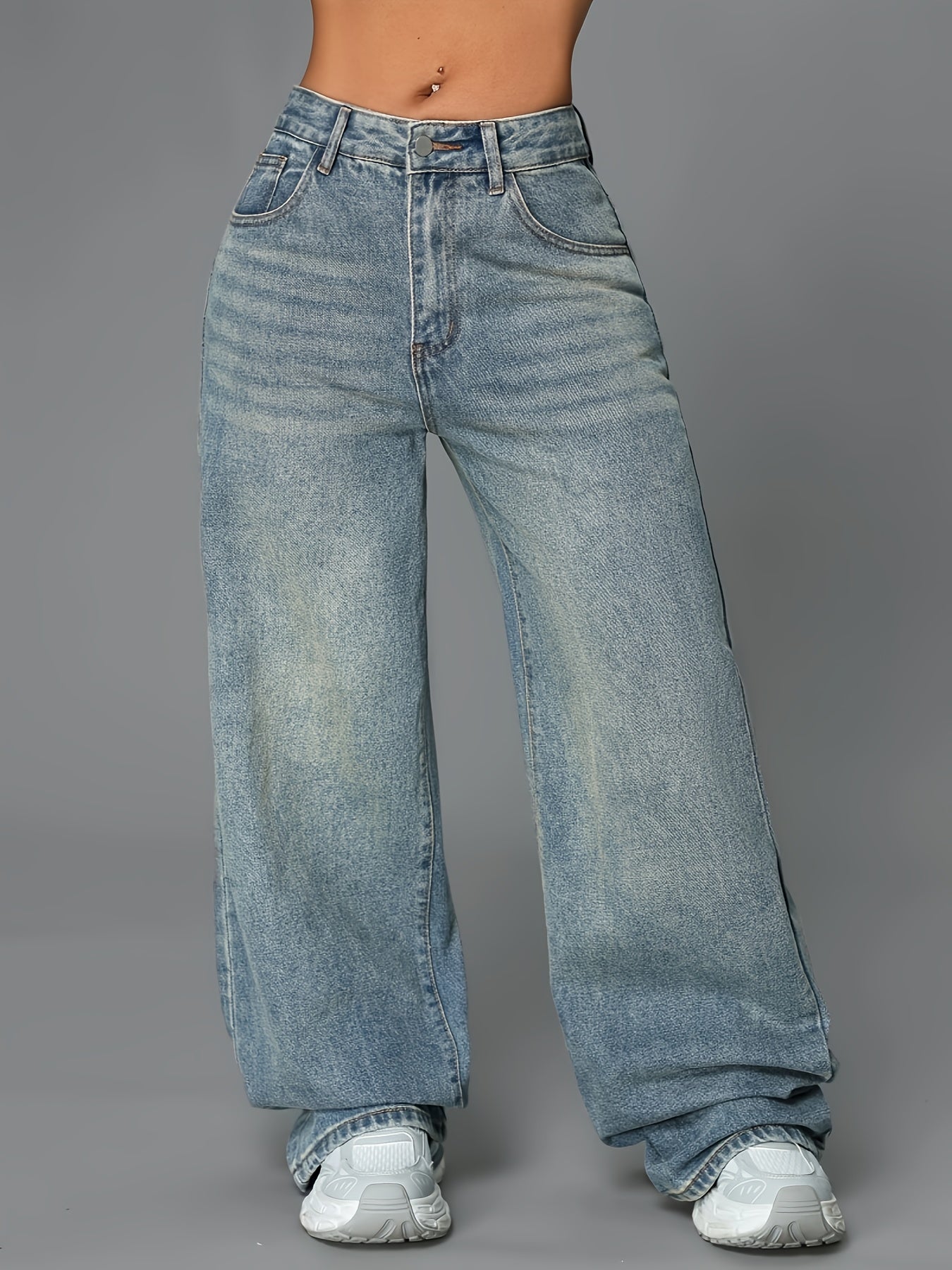 Baggy gråblå jeans med hög midja